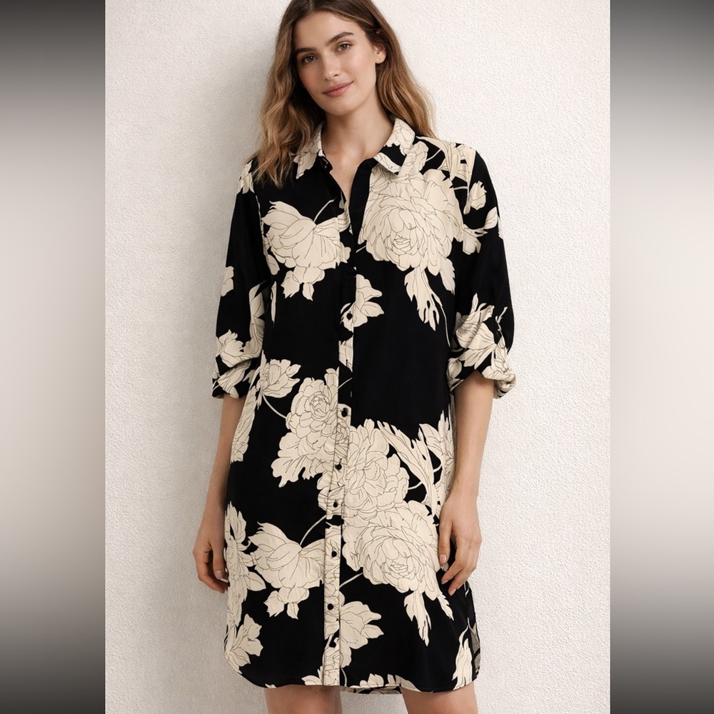 Chic Black and Cream Floral Button Down Dress